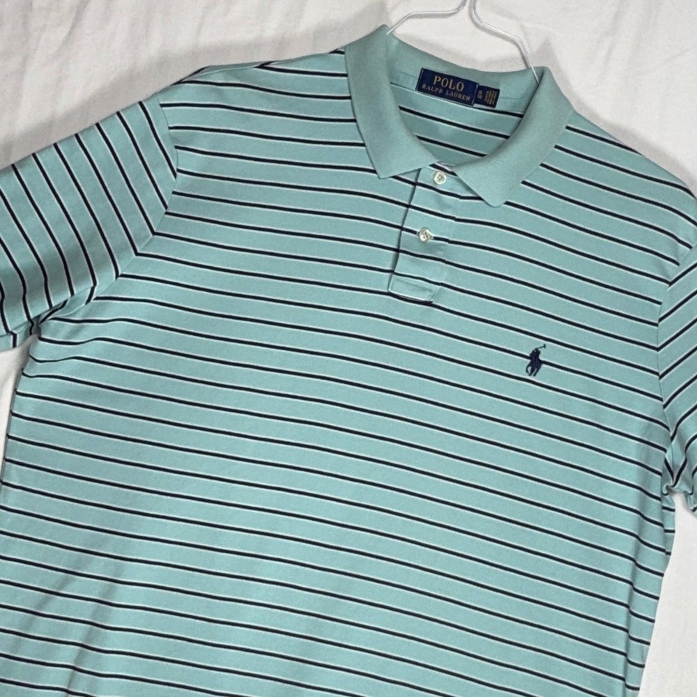 Polo Ralph Lauren Mens‎ Striped Short Sleeve Polo Shirt Aqua Navy XL